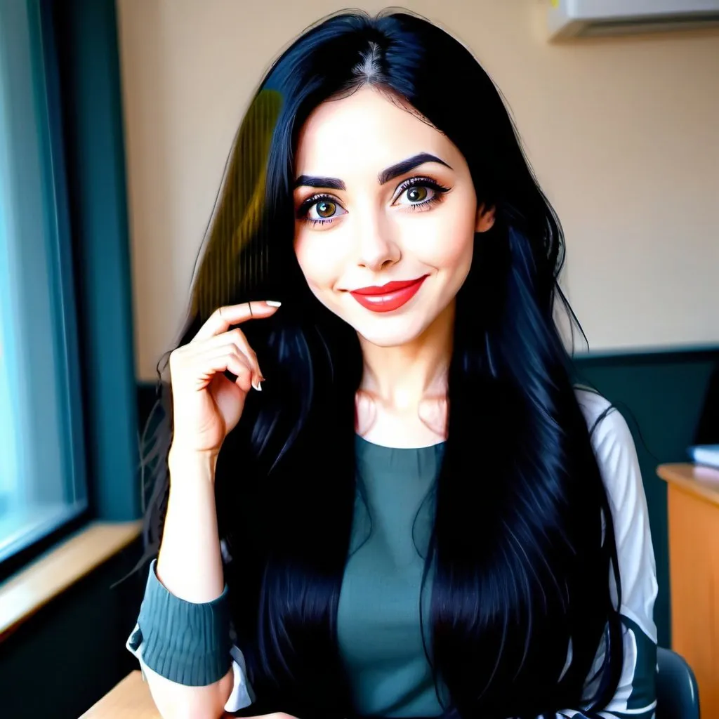 Prompt: A beautiful and fashion woman with long black hair and calm and smile on face and she has big eyes and beautiful lips that she is an english teacher and point and teach English . Only her face and half of her body be clear.
This picture be create for Instagram profile 