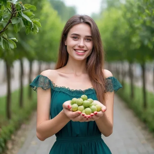 Prompt: A beautiful fashion uropean woman and has smile facewho has small greengages in her hand hand and show it