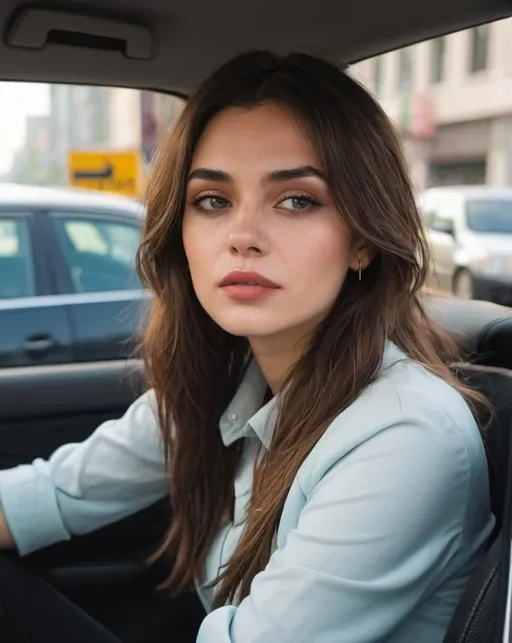 Prompt: A beautiful stylish person sitting in car that got stuck in traffic 