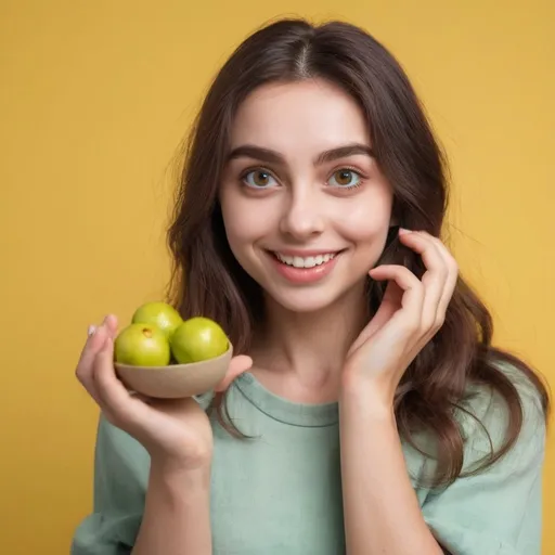 Prompt: A beautiful uropean fashion woman with big eyes and innocent face and smile face who has small greengages fruit in her hand and show it in yellow background 