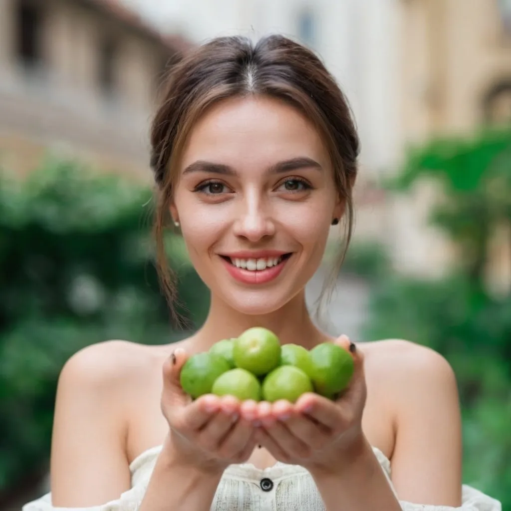 Prompt: A beautiful fashion uropean woman and has smile facewho has small greengages in her hand hand and show it