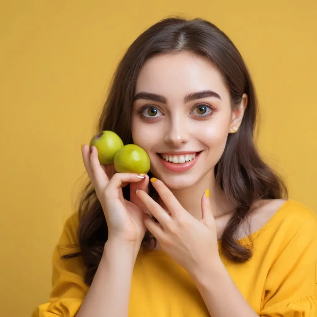 Prompt: A beautiful uropean fashion woman with big eyes and innocent face and smile face who has greengage fruit in her hand and show it in yellow background 