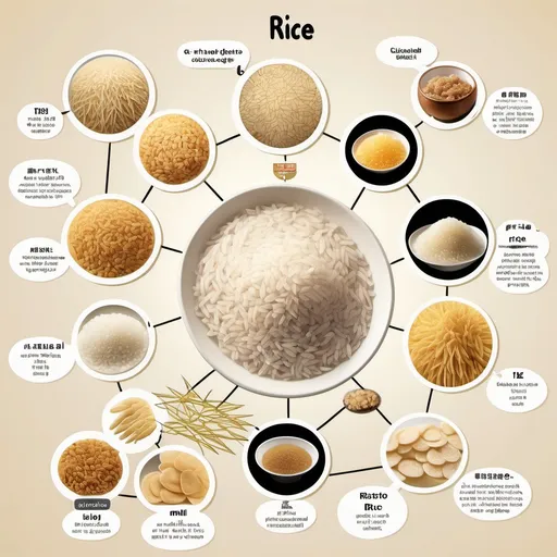 Prompt: 
An illustration  diagram with rice at the center and many branches of its producible product, such as rice liquor, frying mix powder, rice based snack( cake, cracker, chip), beverage (rice milk, ) rice cereal, rice noodle, pasta, risoto, rice cookies, rice bran oil, rice vinegar and many more (20 more, please help to add)
