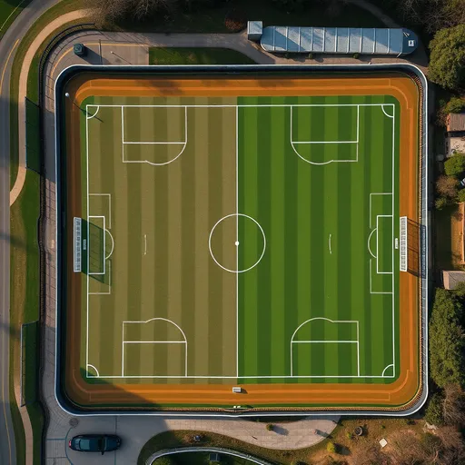 Prompt: Arial view of 2 soccer PITCHES with vertical wodden latte perimeter fencing