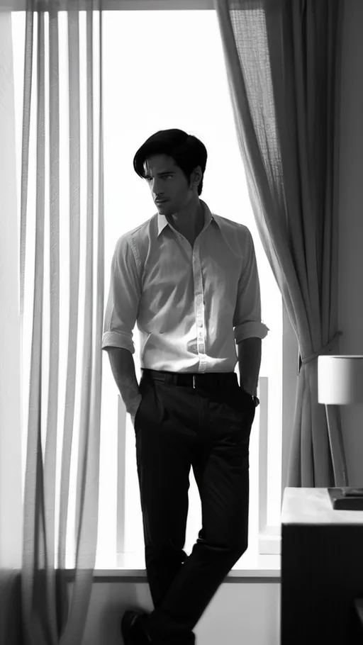 Prompt: black hair, curtains, greyscale, indoors, pants, shirt, solo, white shirt, window