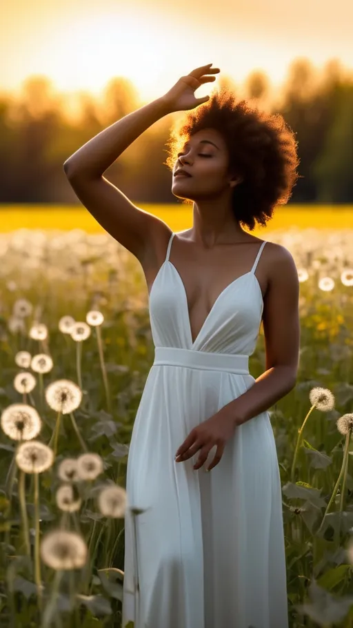 Prompt: An elegant brown skin woman in a white elegant dress, standing in field of dandelions, holding on in her hand and looking at the sun