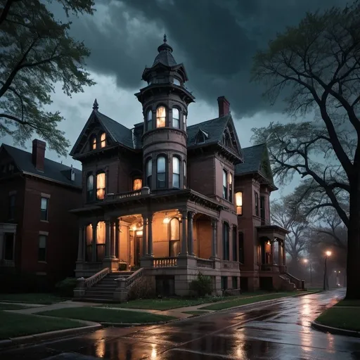 Prompt: A hauntingly beautiful mansion on Chicago's forgotten street with eerie Victorian charm in the night with stormy sky and wet pavement.
