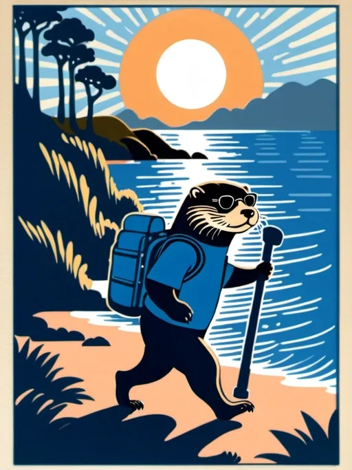 Prompt: An hiking otter carrying a hiking backpack on his back, big hiking boots,  a hiking pole in his hands and sunglasses, walking along the sea with Forrest covered mountains in the background with sunny skies. 
