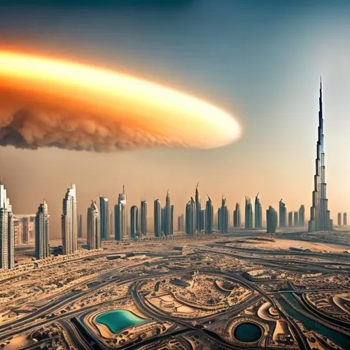 Prompt: dubai skyline, nuclear test blast background