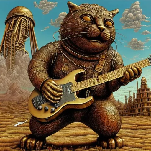 Prompt: giant rusty brass metal statue of a giant cat playing guitar, in the style of Jacek Yerka, widescreen view, infinity vanishing point