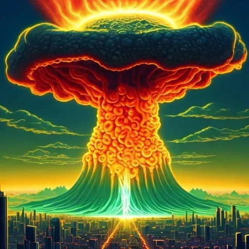 Prompt: infinite city, cthulu shaped nuclear blast cloud background