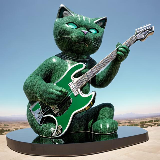 Prompt: ((((giant cat playing guitar) diamond statue inlaid with green chrome) in the style of Ron English) wide perspective view) infinity vanishing point