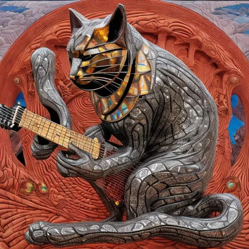 Prompt: ((((giant cat playing guitar) ruby statue inlaid with diamonds) in the style of Ernst Fuchs) wide perspective view) infinity vanishing point