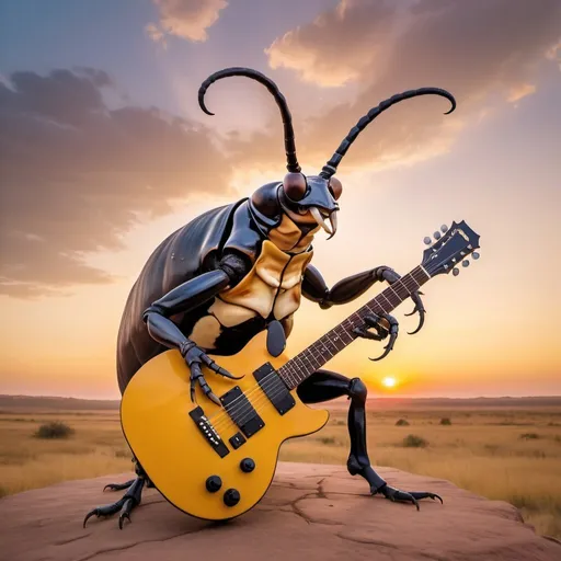Prompt: giant 'hercules beetle' playing guitar, colorful apocalypse background, golden hour overhead lighting, extra wide angle view, infinity vanishing point