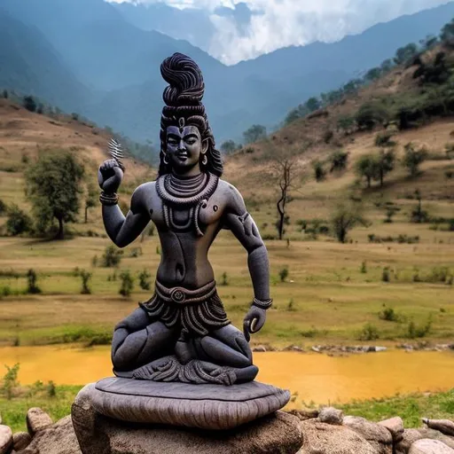 Prompt: dancing shiva statue holding many knives, landscape background