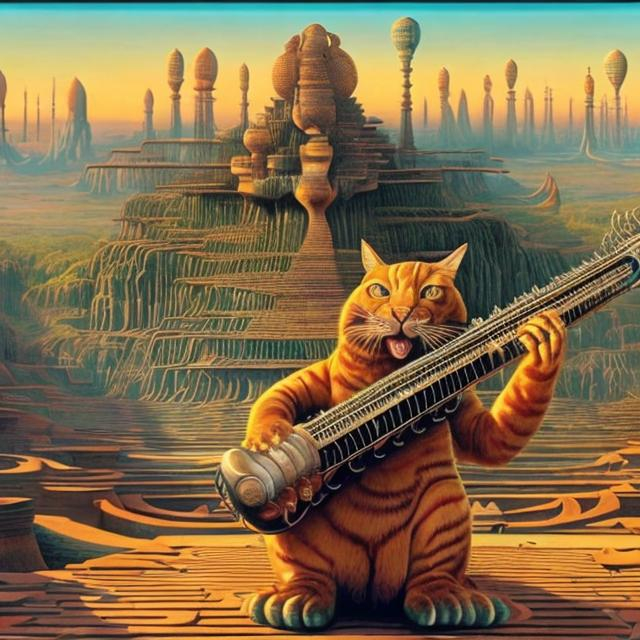 Prompt: panorama widescreen view of a giant cat playing a sitar, infinity vanishing point, in the style of Jacek Yerka