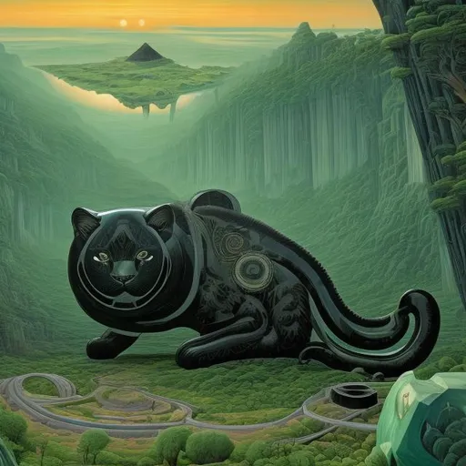 Prompt: giant obsidian cat inlaid with green jade playing guitar, in the style of Jacek Yerka, wide perspective view, infinity vanishing point