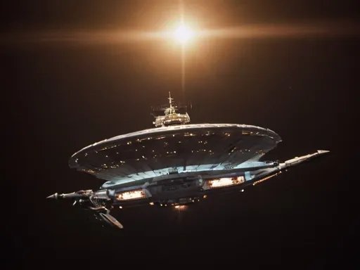 Prompt: USS Constellation versus The Doomsday Machine, from Star Trek The Original Series, overhead golden hour lighting, wide angle view, infinity vanishing point