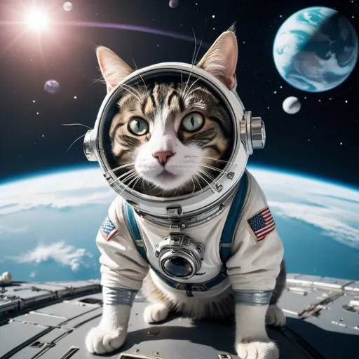 Prompt: Cat dressed as an Astronaut, floating in space outside a distant ancient surreal space station, an evil techno-planet in the background, 25 degree offset, wide angle perspective, infinity vanishing point
