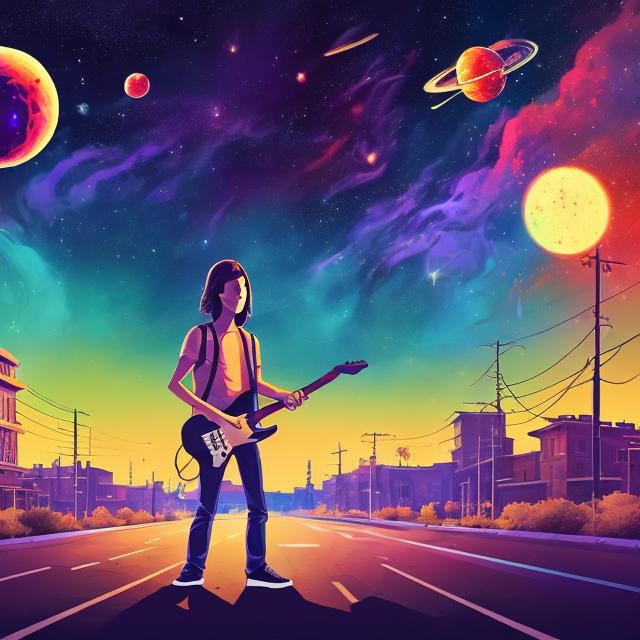 Prompt: panoramic view of a guitar player with a turkey head, on the street corner, vanishing point perspective, galaxy and nebula background