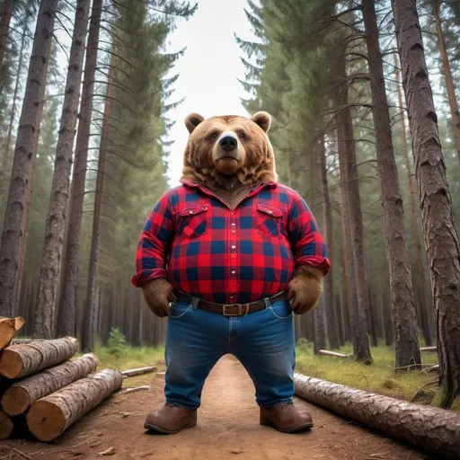Prompt: brown bear lumberjack wearing a red flannel shirt and blue denim pants, wide angle perspective, deep forest background, infinity vanishing point
