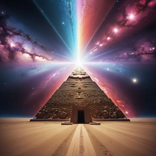 Prompt: Pyramid Power, wide angle perspective, surreal galaxy background, infinity vanishing point