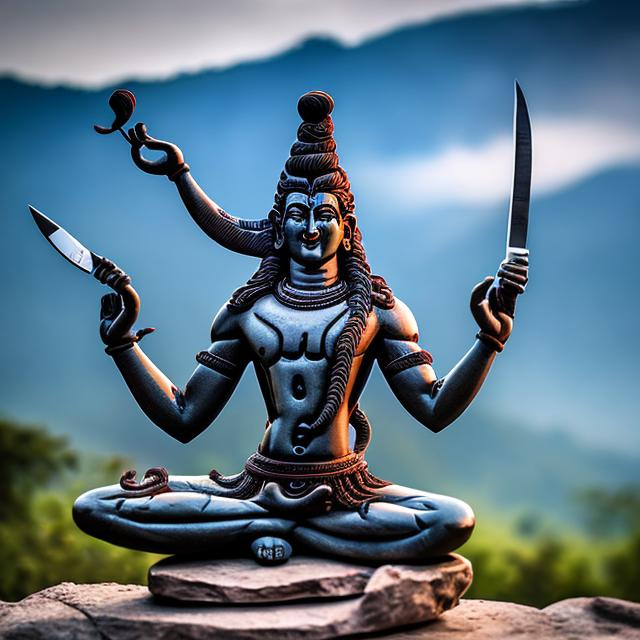 Prompt: dancing shiva statue holding many knives, landscape background