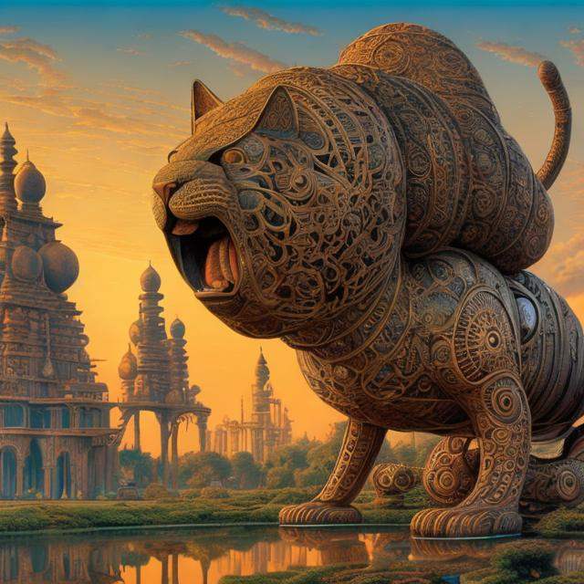 Prompt: panorama widescreen view of a giant bronze cat playing a sitar, infinity vanishing point, in the style of Jacek Yerka