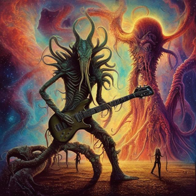 Prompt: anorexic Cthulhu playing guitar in a golden arena, infinity vanishing point, Pillars of Creation nebula background