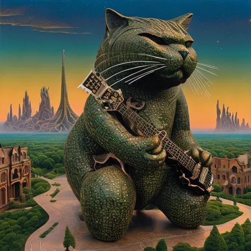Prompt: ((((giant cat playing guitar) green bronze statue inlaid with diamonds) in the style of Jacek Yerka) infinity vanishing point) wide perspective view