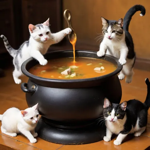 Prompt: cats playing in soup cauldron