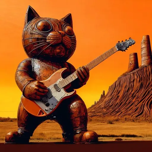 Prompt: giant rusty orange metal statue of a giant cat playing guitar, in the style of Jacek Yerka, widescreen view, infinity vanishing point
