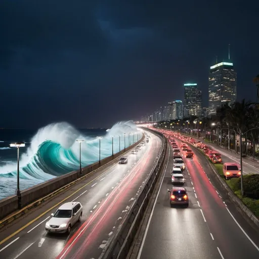 Prompt: infinite rush hour traffic, giant tidal wave at night