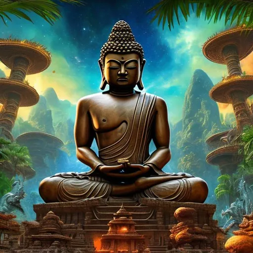 Prompt: widescreen image of an ancient bronze bodybuilding buddha playing guitar in front of an exotic alien temple, tropical jungle background, galaxy sky, infinity vanishing point