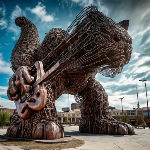 Prompt: giant rust streaked acid etched steel statue of a giant cat playing guitar, in the style of Jacek Yerka, widescreen view, infinity vanishing point