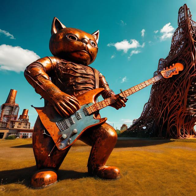 Prompt: giant rust streaked orange metal statue of a giant cat playing guitar, in the style of Jacek Yerka, widescreen view, infinity vanishing point