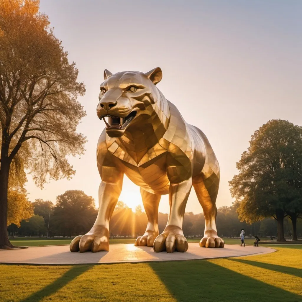 Prompt: giant strange animal statue, elegant park background, overhead golden hour lighting, extra wide angle field of view, infinity vanishing point