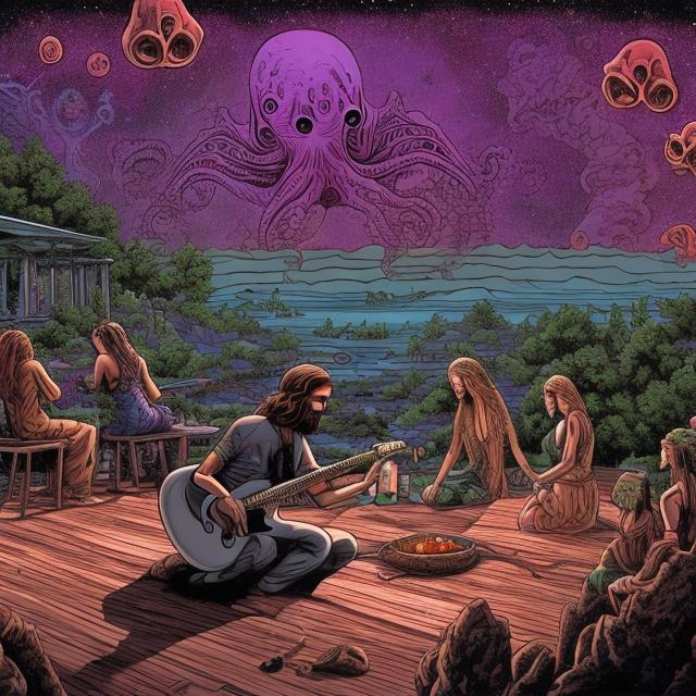 Prompt: wide view, jesus playing guitar in front of a patio gazebo barbeque grill and hippie women, infinity vanishing point, Cthulhu nebula background