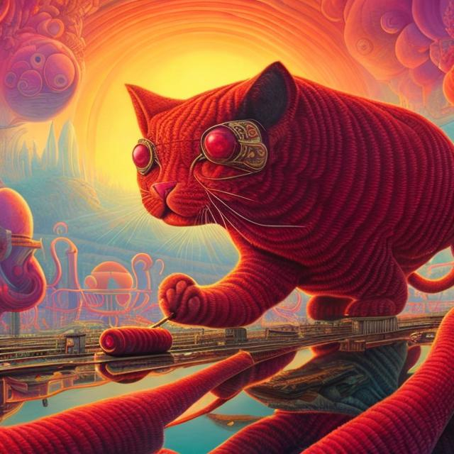 Prompt: panorama widescreen view of a giant ruby cat playing a sitar, infinity vanishing point, in the style of Jacek Yerka