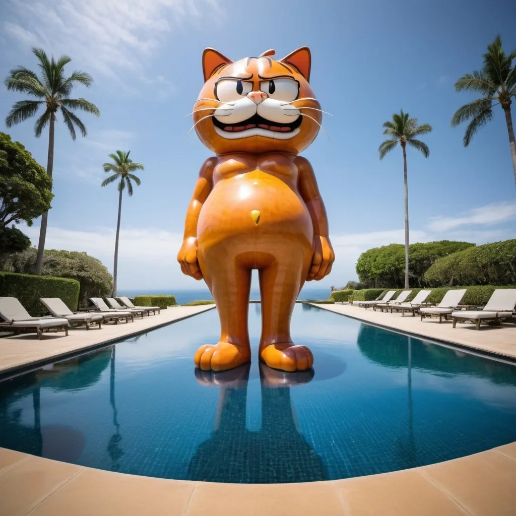 Prompt: giant garfield the cat metal statue in a swimsuit, large wide infinity pool, wide angle view, infinity vanishing point