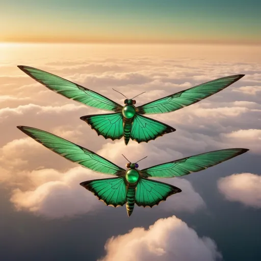 Prompt: seven giant emerald eyes on a wing in flight, golden hour overhead lighting, extra wide angle view, infinity vanishing point