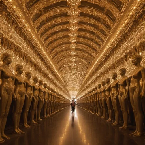 Prompt: Endless Giant Statues of Love, golden overhead lighting, extra wide angle view, infinity vanishing point