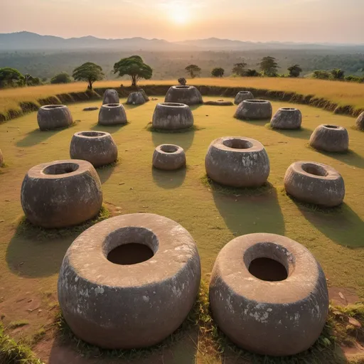 Prompt: the Plain of Jars, overhead golden hour lighting, extra wide angle view, infinity vanishing point