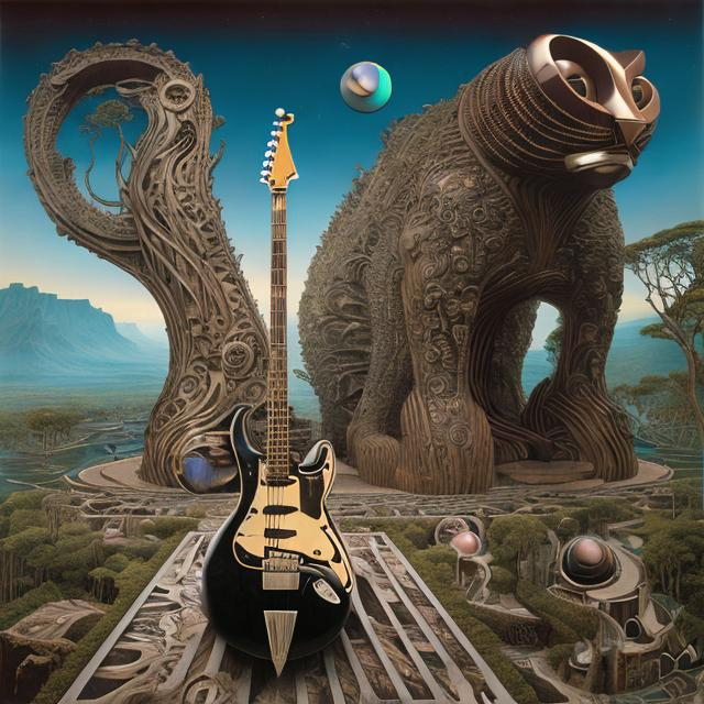 Prompt: ((((giant cat playing guitar) ebony statue inlaid with abalone) in the style of Jacek Yerka) wide perspective view) infinity vanishing point