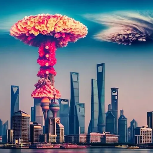 Prompt: shanghai skyline, nuclear test blast background