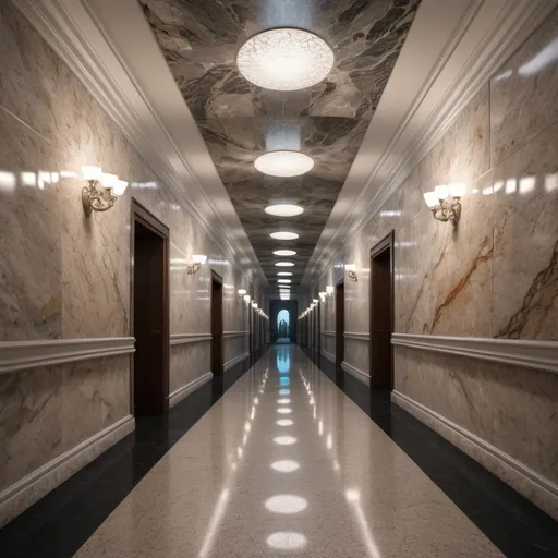 Prompt: surreal AI response, ornately detailed opal granite bas relief hallway, overhead lighting shadows, wide angle view, infinity vanishing point