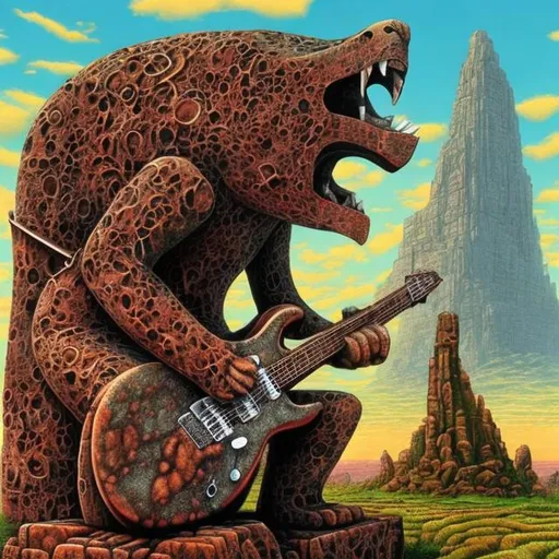 Prompt: giant rusty granite statue of a giant cat playing guitar, in the style of Jacek Yerka, widescreen view, infinity vanishing point
