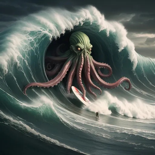 Prompt: cthulu surfing the largest giant tsunami wave, overhead lighting, wide angle view, infinity vanishing point