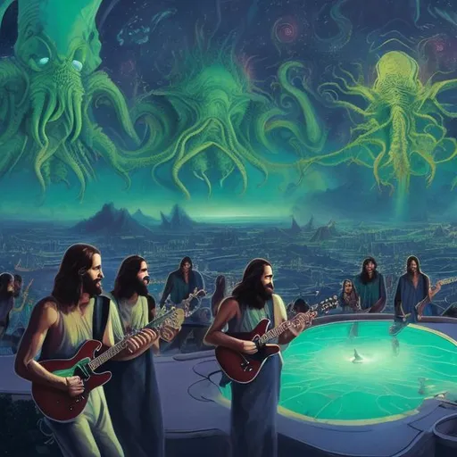 Prompt: wide view of a jesus septet playing guitars, at an exotic rooftop infinity pool, infinity vanishing point, cthulhu nebula background