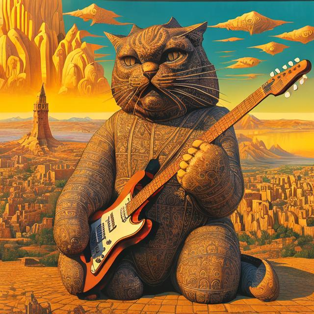 Prompt: giant damascened inlayed statue of a giant cat playing guitar, in the style of Jacek Yerka, wide perspective view, infinity vanishing point